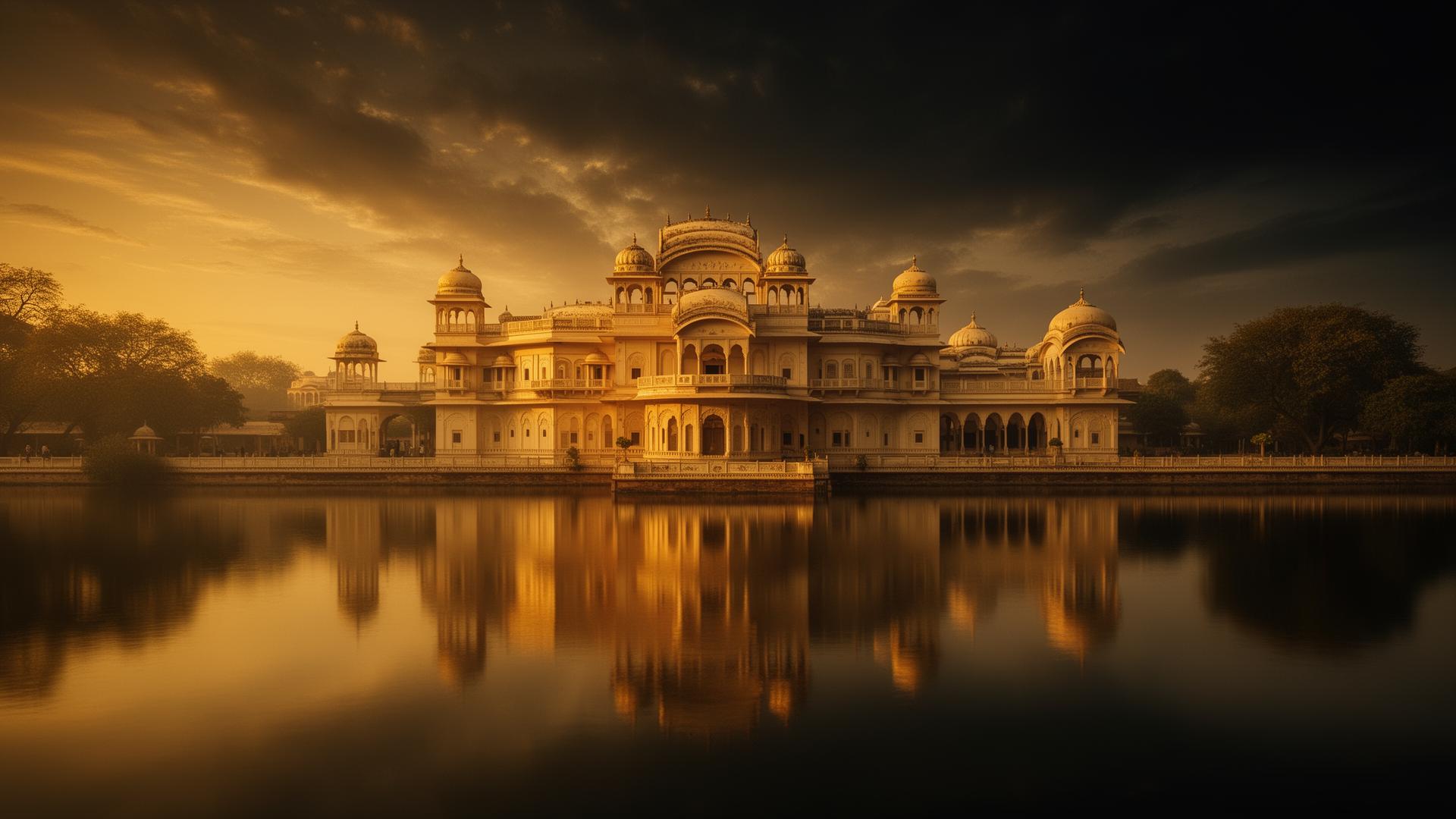 Heritage palace in Rajasthan reflected in water at golden hour